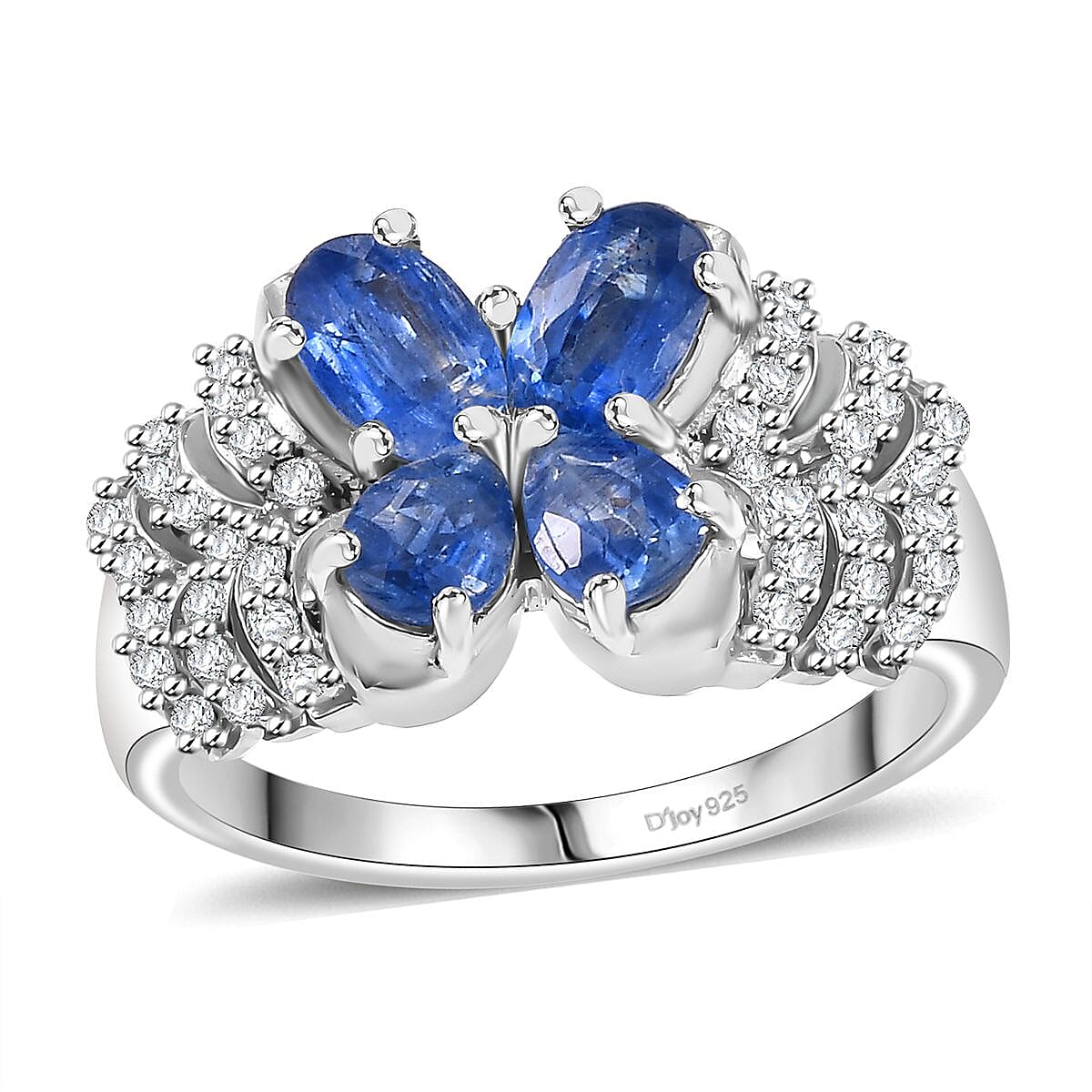 Kashmir Kyanite and White Zircon 2.40 ctw Butterfly Ring in Rhodium Over Sterling Silver
