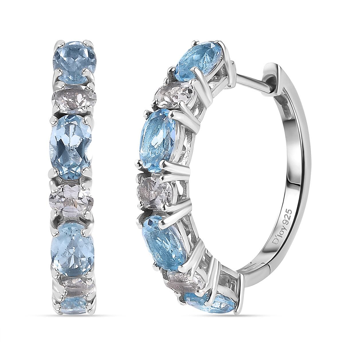 D'Joy Sky Blue Topaz and White Topaz 5.85 ctw Hoop Earrings in Platinum Over Sterling Silver