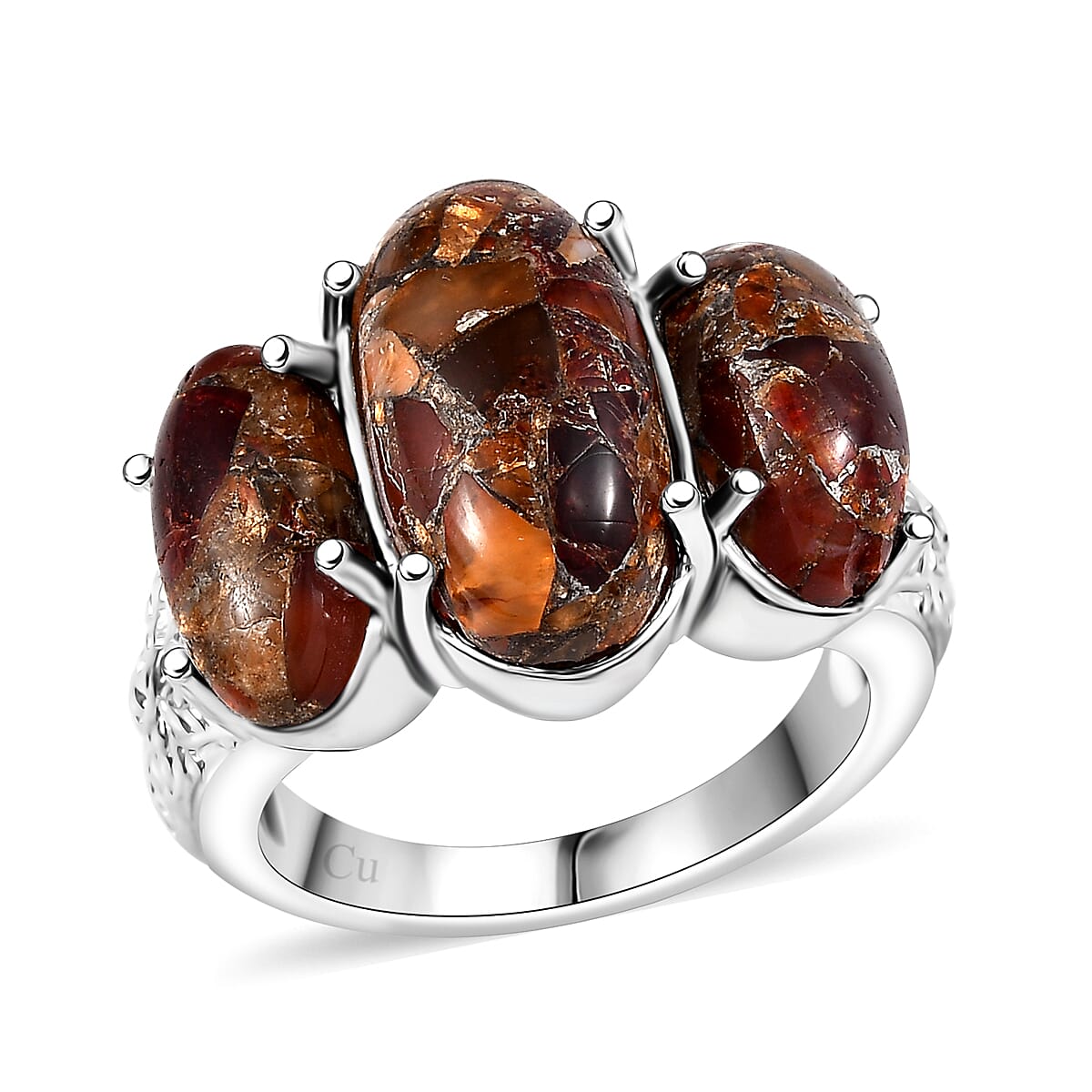 Matrix Fire Opal 7.65 ctw 3 Stone Ring in Platinum Over Copper with Magnet