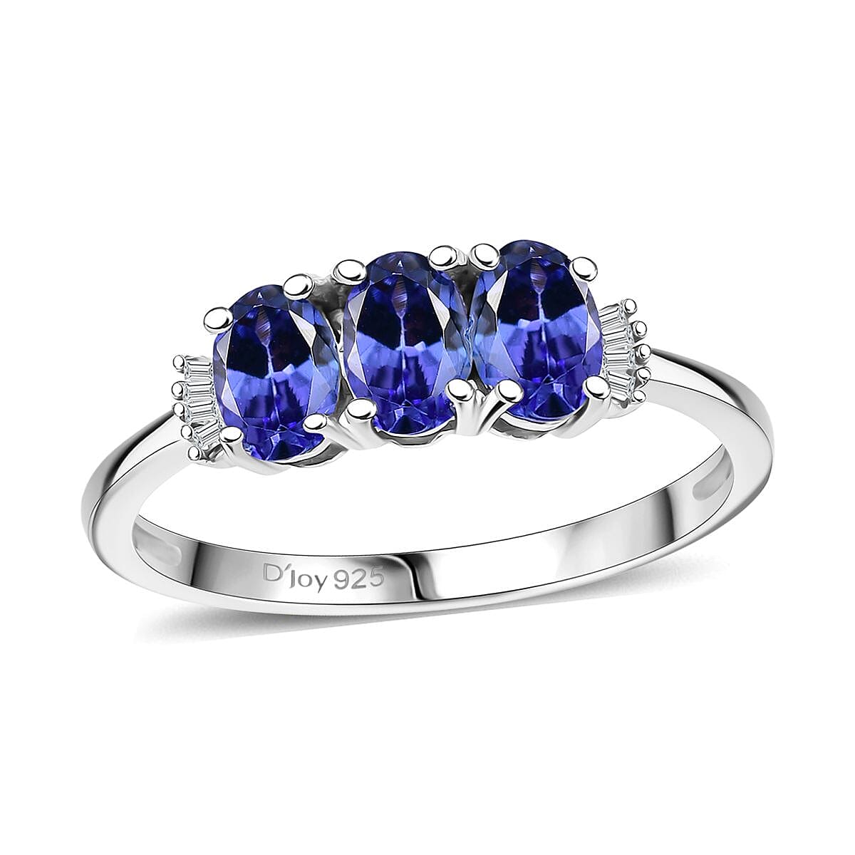 AAA Tanzanite, Diamond 3 Stone Ring in Rhodium Over Sterling Silver (Size 10.0) 1.65 ctw