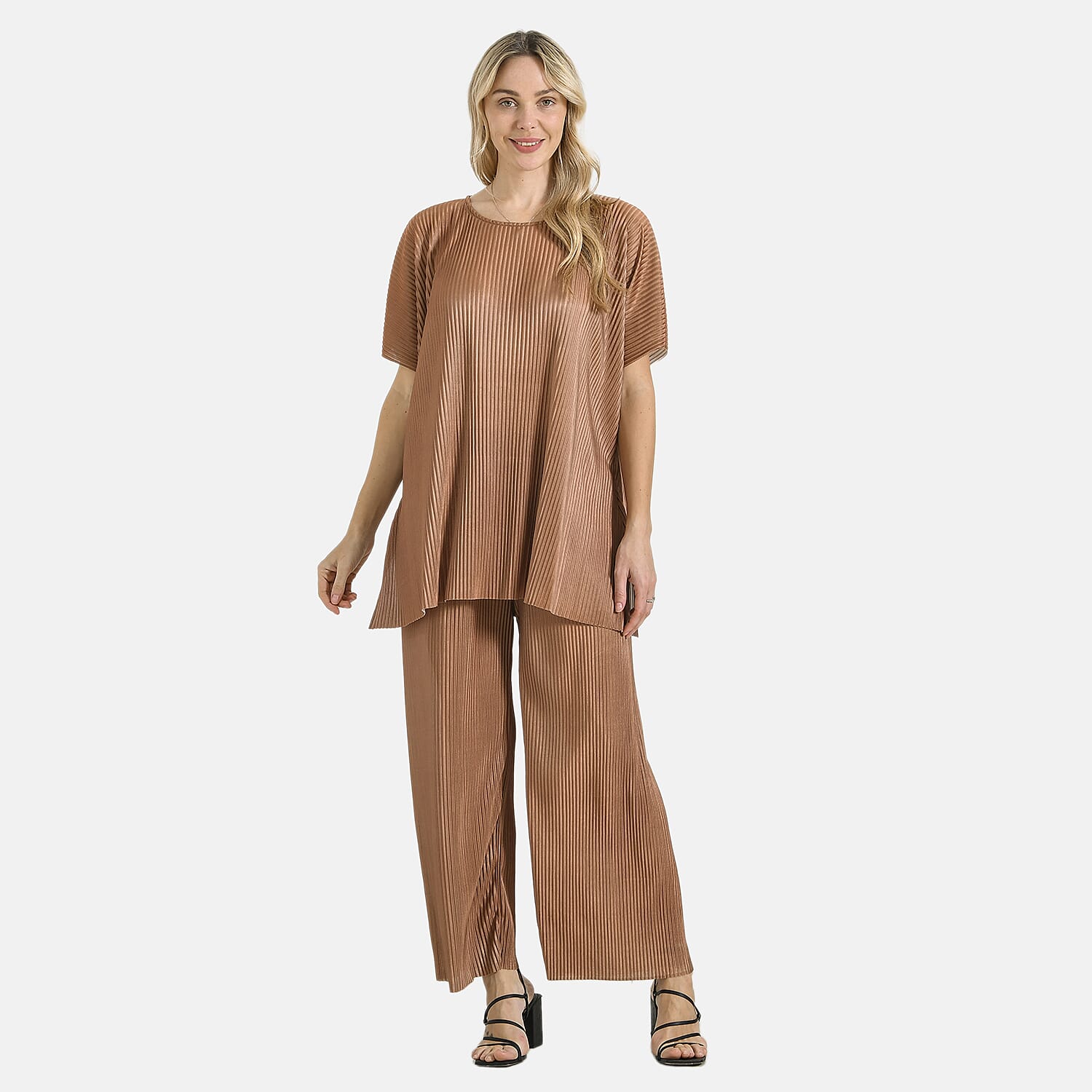 TLV Tamsy Cognac Solid 2 Piece Pleated Polyester Top and Bottom Set - One Size Fits Most