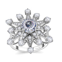 Crisantemo Cut Moissanite (Rnd 8mm) Snowflake Ring in Rhodium Over Sterling Silver (Size 10.0) 3.50 ctw