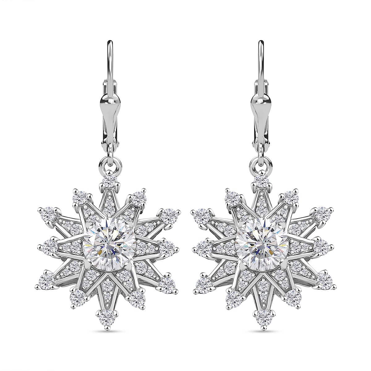 D'Joy Crisantemo Cut Moissanite 3.75 ctw Snowflake Earrings in Rhodium Over Sterling Silver