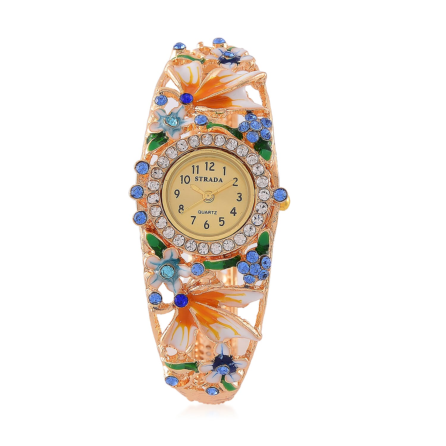Strada Multi Color Austrian Crystal, Enameled Japanese Movement Bangle Watch in Goldtone (23.1mm) (6.5-7.0In)