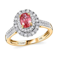 Certified & Appraised Luxoro 14K Yellow Gold AAA Padparadscha Sapphire (BT), Diamond (I2) (0.53 cts) Double Halo Ring (Size 7.0) 1.33 ctw