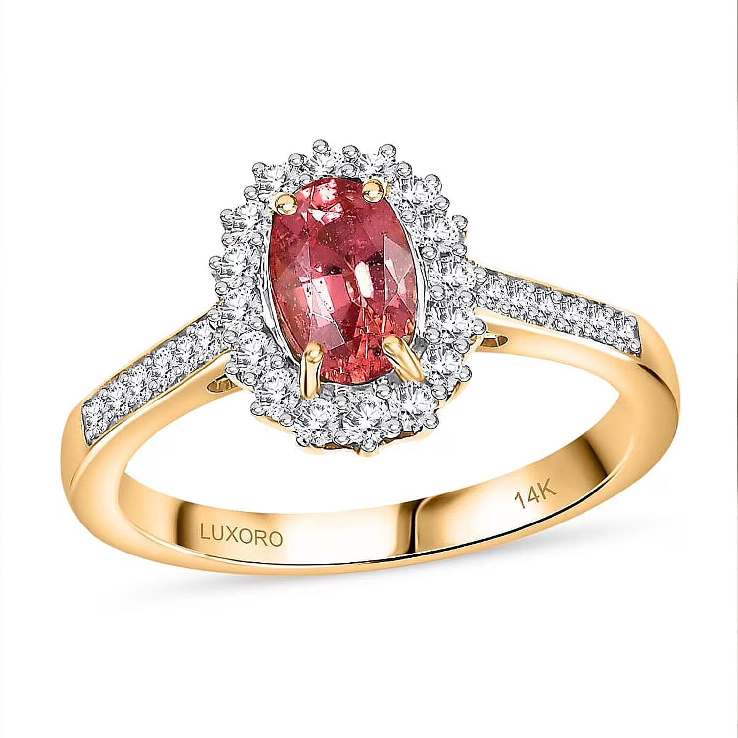 Certified & Appraised Luxoro 14K Yellow Gold AAA Padparadscha Sapphire (BT), Diamond (I2) (0.38 cts) Halo Ring (Size 10.0) 1.56 ctw