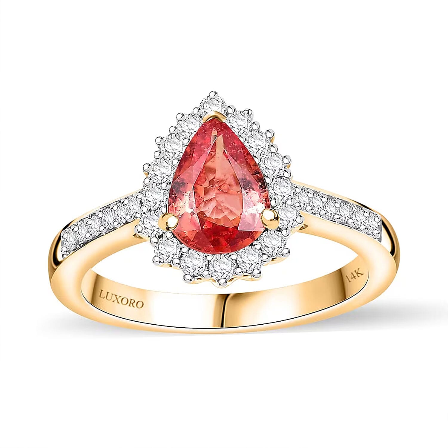 Certified & Appraised Luxoro AAA Padparadscha Sapphire (BT) and I2 Diamond 1.86 ctw Halo Ring in 14K Yellow Gold