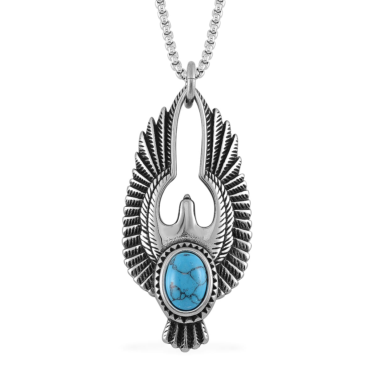Blue Howlite 2.60 ctw Eagle Pendent Necklace in Black Oxidized Stainless Steel 23.5 Inches