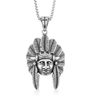 Native Chief Head Pendant Necklace in Black Oxidized Stainless Steel 23.5 Inches