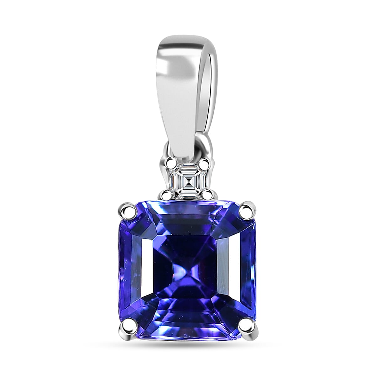 Certified & Appraised Rhapsody Asscher Cut AAAA Tanzanite and E-F VS Diamond 2.00 ctw Pendant without Chain in 950 Platinum