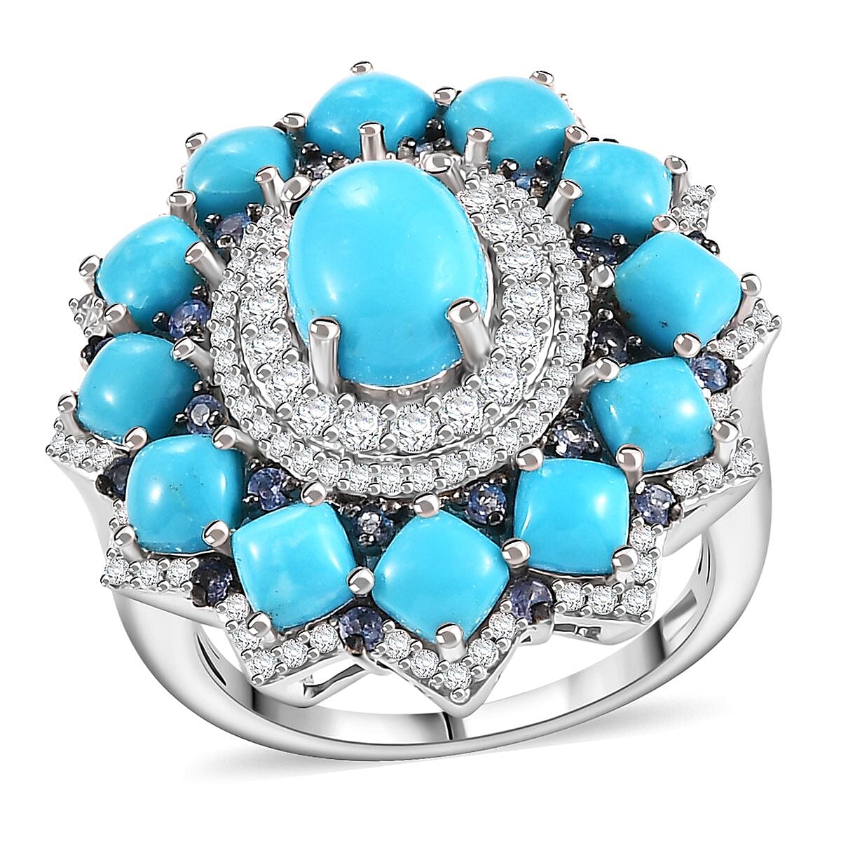 Sleeping Beauty Turquoise, Multi Gemstone Ring in Rhodium Over Sterling Silver (Size 9.0) 7.15 ctw