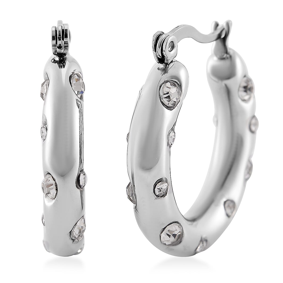 White Austrian Crystal Hoop Earrings in Stainless Steel