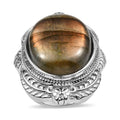 Madagascar Fire Labradorite 29.20 ctw Feather Ring in Stainless Steel - Sticky add to cart bar