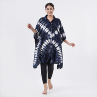 Tamsy Navy Tie Dye Kaftan with Collar and Front Buttons - One Size Fits Most