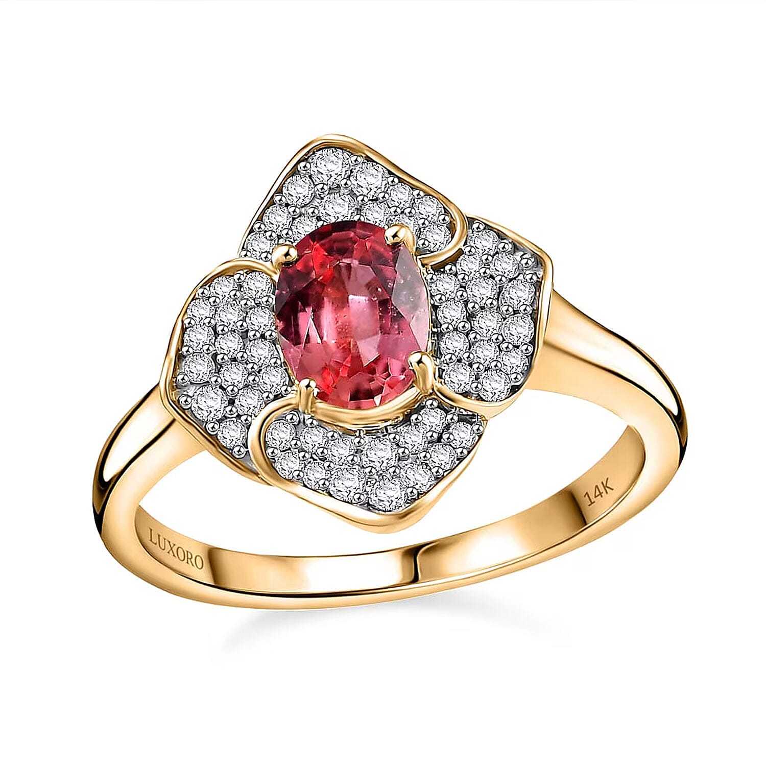 Certified & Appraised Luxoro 14K Yellow Gold AAA Padparadscha Sapphire (BT), Diamond (I2) (0.34 cts) Ring (Size 10.0) 1.30 ctw