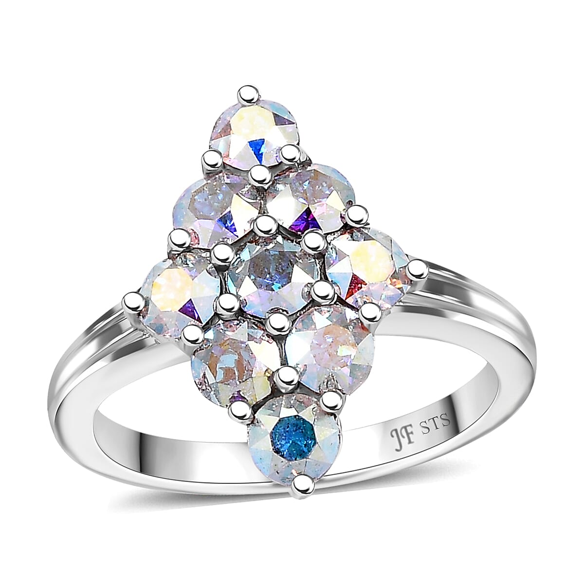 J Francis Embellished with Aurora Borealis Crystal by Swarovski Gem Garden Nonet Ring in Platinum Bond (Size 10.0)
