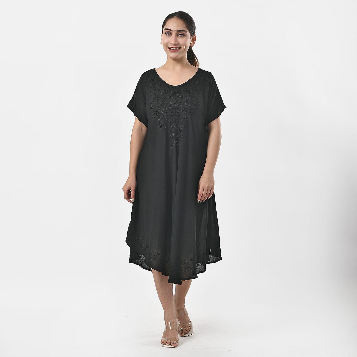 TLV Tamsy Black Embroidered Umbrella Dress with Sleeves and Neck-Tie - One Size Fits Most