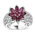 Premium Orissa Rhodolite Garnet, White Zircon Flower Ring in Rhodium Over Sterling Silver (Size 5.0) 5.00 ctw - Sticky add to cart bar