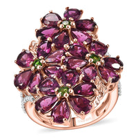 Premium Orissa Rhodolite Garnet, Multi Gemstone Bunch of Flower Ring in 18K Vermeil RG Over Sterling Silver (Size 10.0) 12.60 ctw