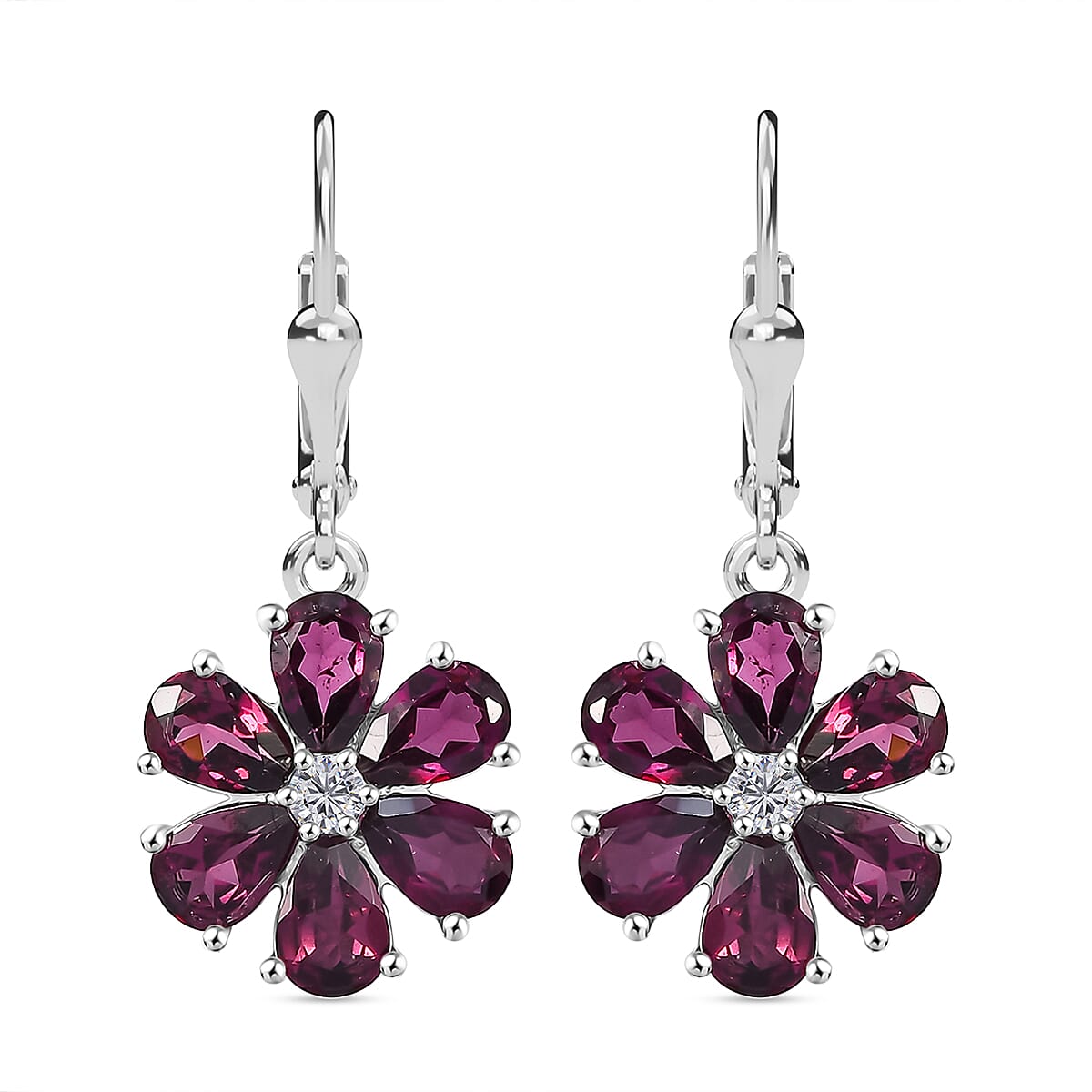 D'Joy Premium Orissa Rhodolite Garnet and White Zircon 6.10 ctw Flower Earring in Rhodium Over Sterling Silver