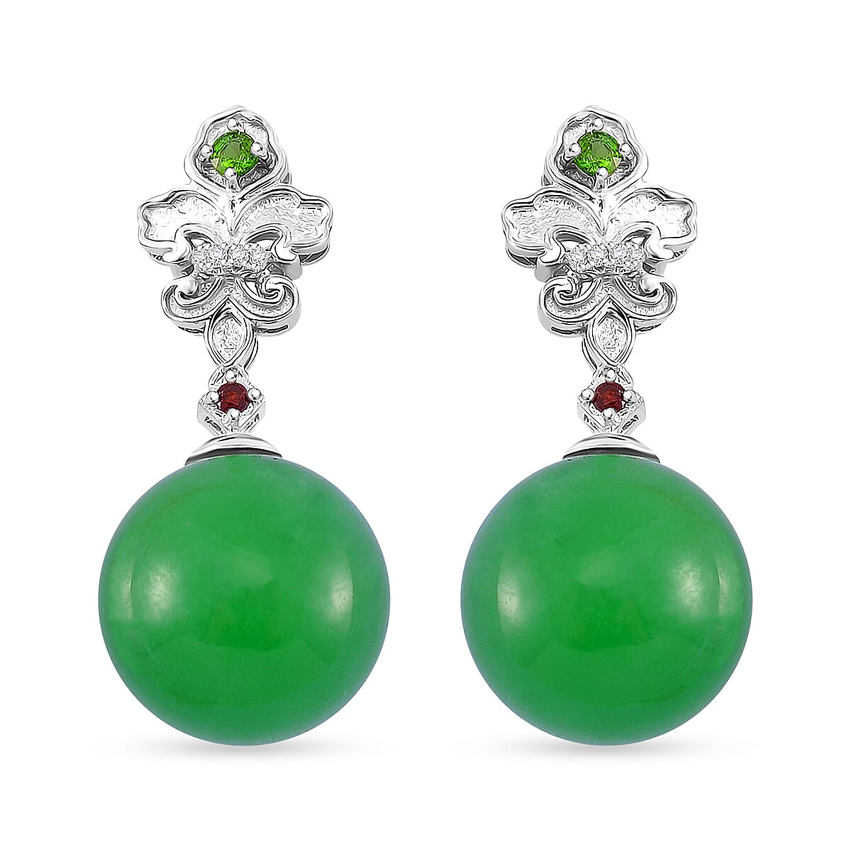 Green Jade (D) and Multi Gemstone 30.50 ctw Drop Earrings in Rhodium Over Sterling Silver