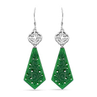 Green Jade (D) 24.40 ctw Carved Dangle Earrings in Rhodium Over Sterling Silver
