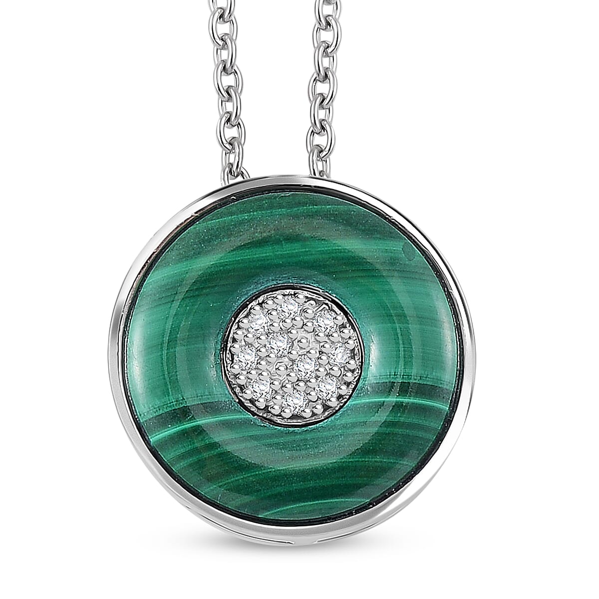 African Malachite and White Zircon 6.35 ctw Orbit Necklace in Rhodium Over Sterling Silver 18 Inches