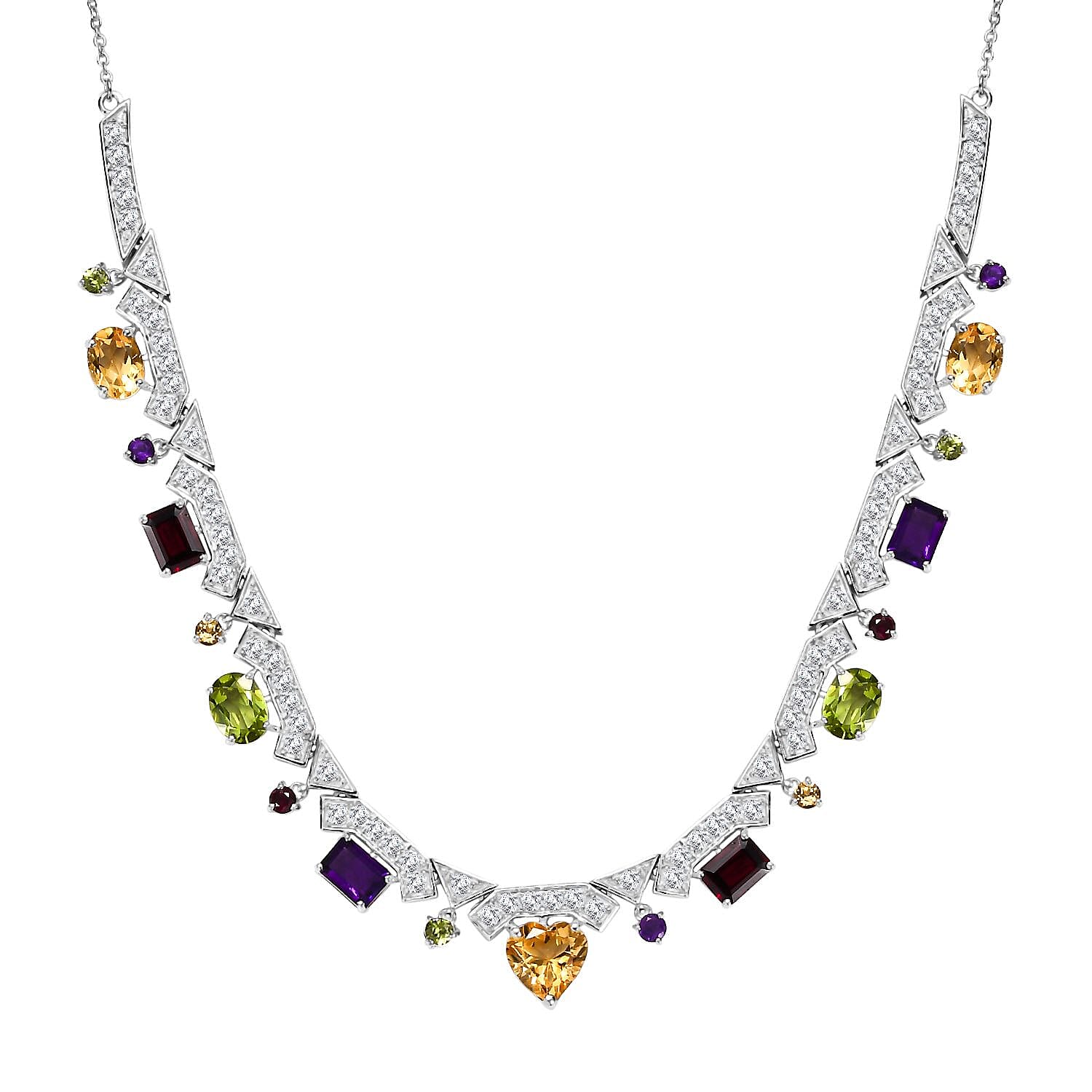 GP Royal Art Deco Collection Brazilian Citrine and Multi Gemstone 15.90 ctw Necklace in Rhodium Over Sterling Silver 18 Inches