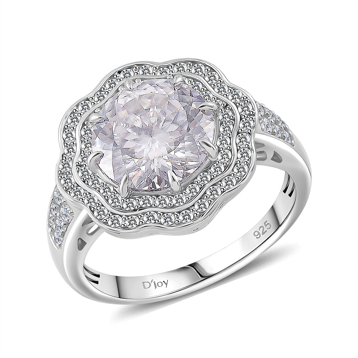 120 Faceted Moissanite (Rnd 10 mm) Floral Ring in Rhodium Over Sterling Silver (Size 10.0) 4.00 ctw
