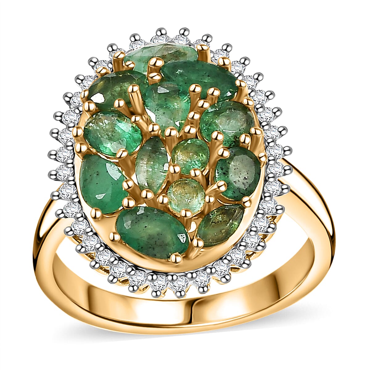 Kagem Zambian Emerald, White Zircon Ring in 18K Vermeil YG Over Sterling Silver (Size 10.0) 2.20 ctw