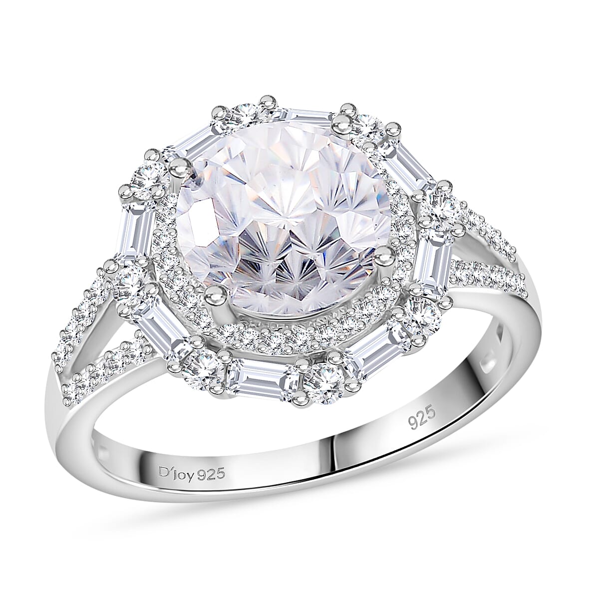 Maple Cut Moissanite (Rnd 9mm) Ring in Rhodium Over Sterling Silver (Size 10.0) 3.75 ctw