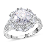 Maple Cut Moissanite (Rnd 9mm) Ring in Rhodium Over Sterling Silver (Size 10.0) 3.75 ctw