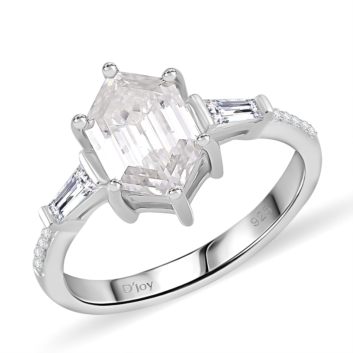 Moissanite (Hexagon 11 mm) Ring in Rhodium Over Sterling Silver (Size 10.0) 2.90 ctw