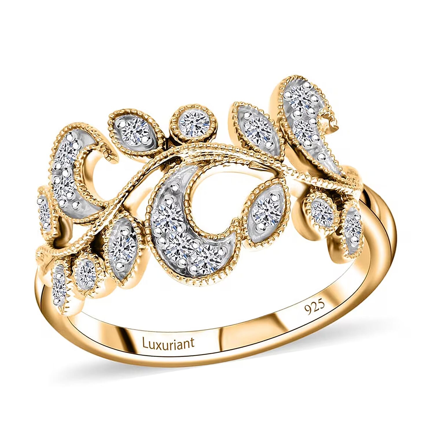Luxuriant Lab Grown Diamond (G-H, SI-I1) Leaves Ring in Vermeil YG Over Sterling Silver (Size 10.0) 0.50 ctw