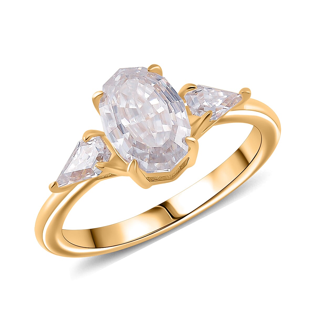 Step Cut Moissanite (Ovl 10x6.7 mm) 3 Stone Ring in 18K Vermeil YG Over Sterling Silver (Size 10.0) 3.10 ctw