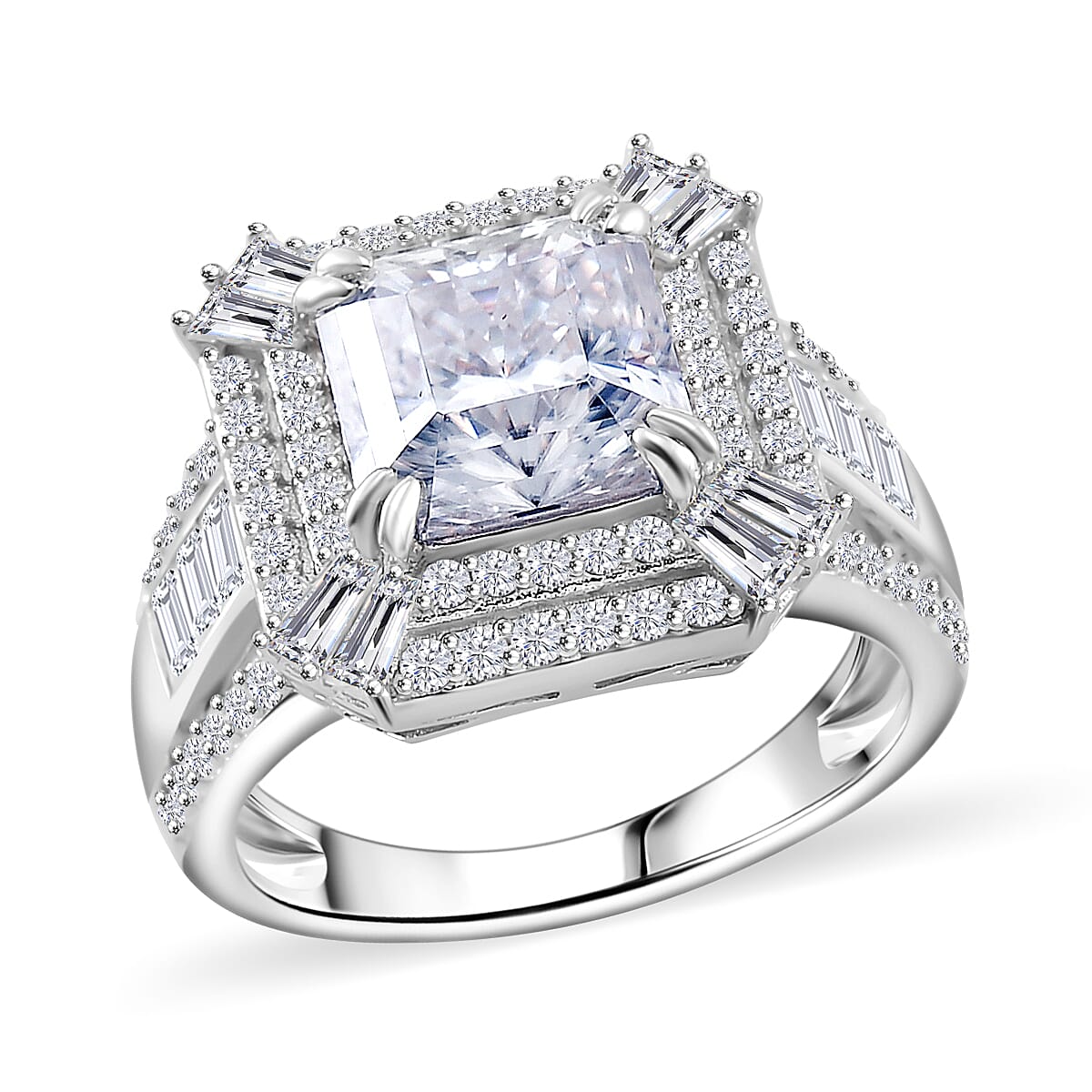 Squartuguese Cut Moissanite (Oct 8 mm) Ring in Rhodium Over Sterling Silver (Size 10.0) 3.90 ctw