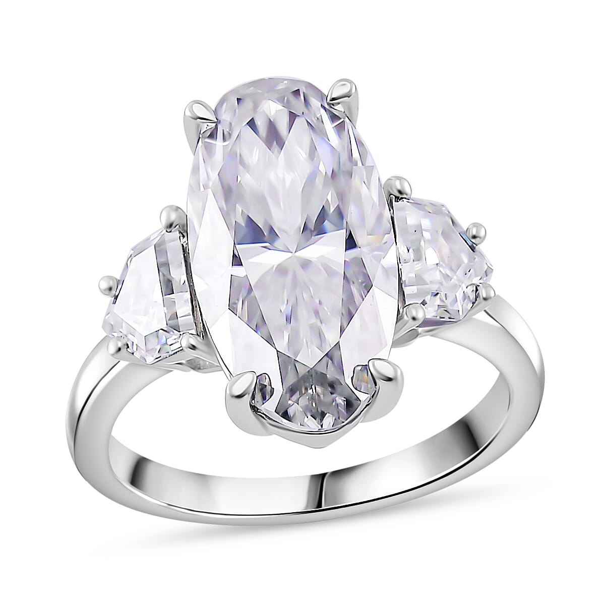 Moissanite (Ovl 16x8 mm) 3 Stone Ring in Rhodium Over Sterling Silver (Size 10.0) 5.55 ctw