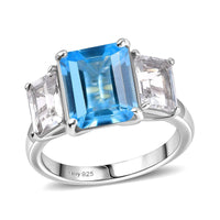 Swiss Blue Topaz, White Topaz 3 Stone Ring in Platinum Over Sterling Silver (Size 7.0) 7.70 ctw
