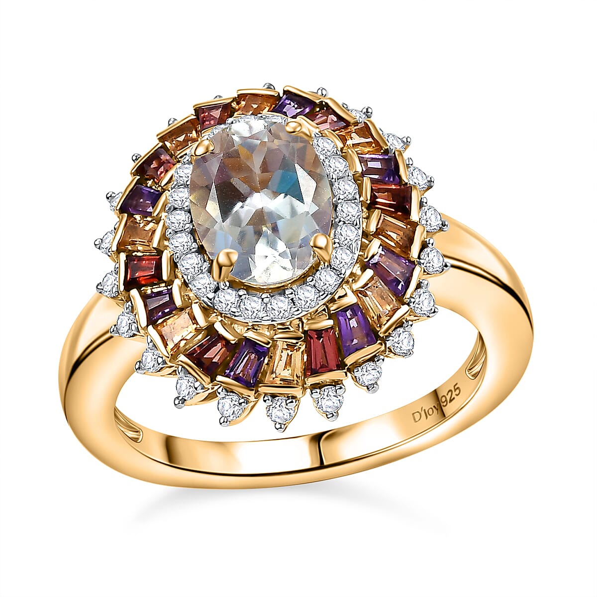 Premium Malagasy Moonstone, Multi Gemstone Celestial Burst Ring in 18K Vermeil YG Over Sterling Silver (Size 10.0) 2.10 ctw