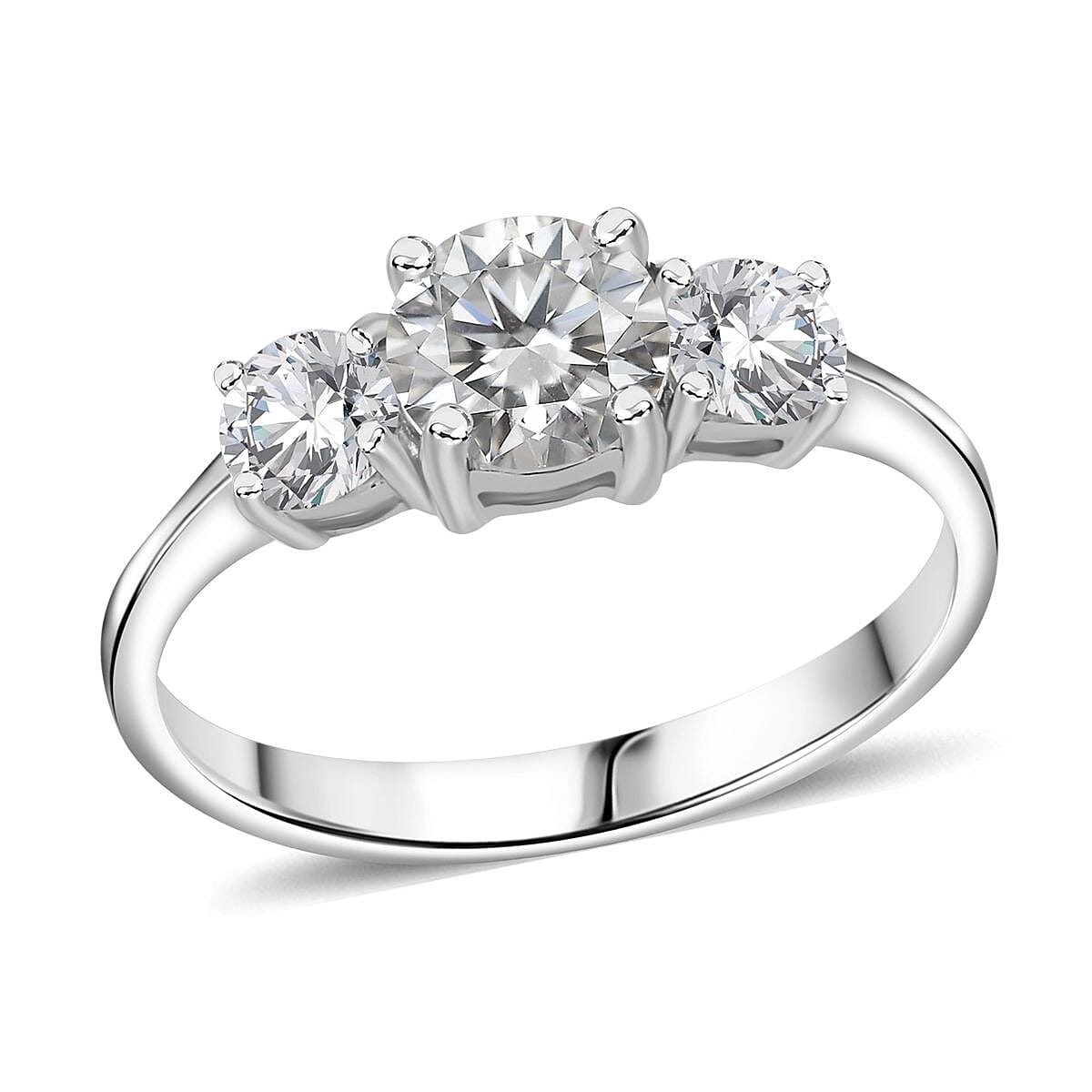 Moissanite (Rnd 6mm) Trilogy Ring in Rhodium Over Sterling Silver (Size 10.0) 1.30 ctw