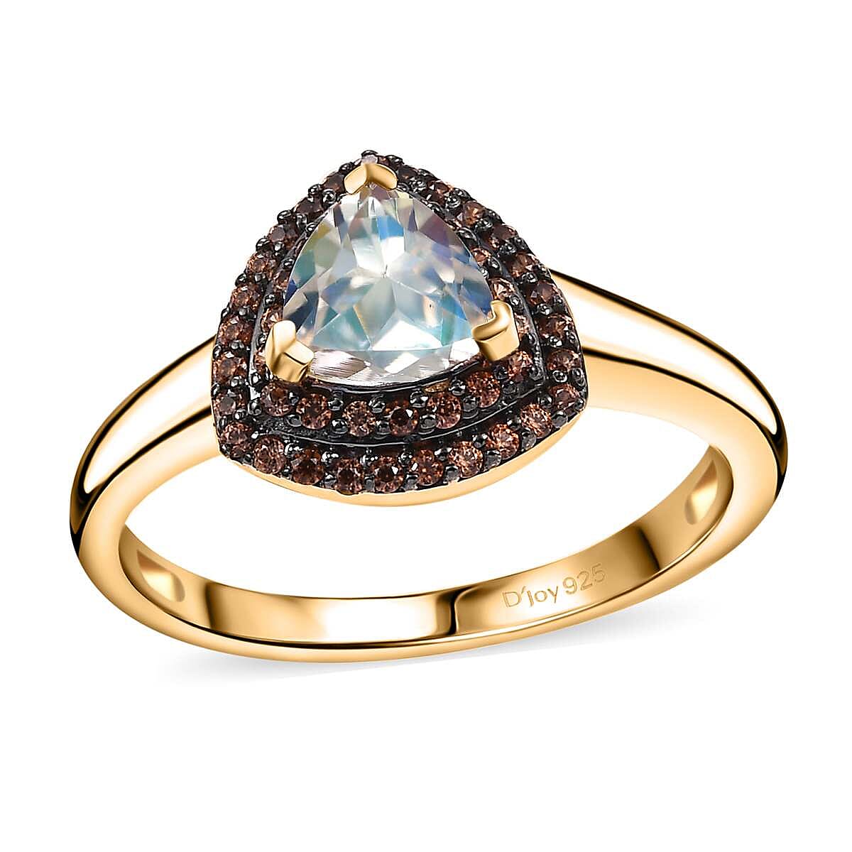 Premium Malagasy Moonstone, Natural Champagne Zircon Double Halo Ring in 18K Vermeil YG Over Sterling Silver (Size 7.0) 1.10 ctw