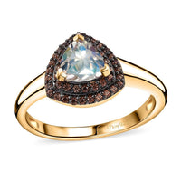 Premium Malagasy Moonstone, Natural Champagne Zircon Double Halo Ring in 18K Vermeil YG Over Sterling Silver (Size 7.0) 1.10 ctw