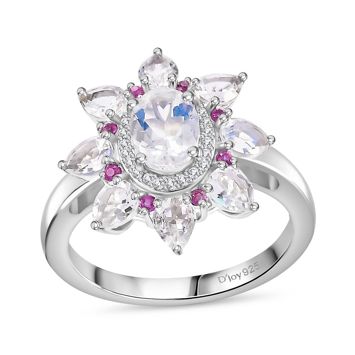 Premium Malagasy Moonstone and Multi Gemstone 2.10 ctw Floral Ring in Rhodium Over Sterling Silver (Size 10.0)