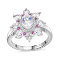 Premium Malagasy Moonstone and Multi Gemstone 2.10 ctw Floral Ring in Rhodium Over Sterling Silver (Size 10.0) - Sticky add to cart bar
