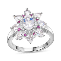 Premium Malagasy Moonstone and Multi Gemstone 2.10 ctw Floral Ring in Rhodium Over Sterling Silver (Size 10.0)