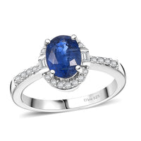 Kashmir Kyanite, Moissanite Halo Ring in Rhodium Over Sterling Silver (Size 7.0) 1.90 ctw