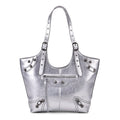 Silver Fashion Forward Faux Leather Rivet Tote Bag with Top Double Handle (12.2"x10.43"x6.1") - Sticky add to cart bar