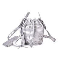 Silver Faux Leather Rivet Drawstring Bucket Bag (12.2"x10.43"x6.1") with Zipper Pouch