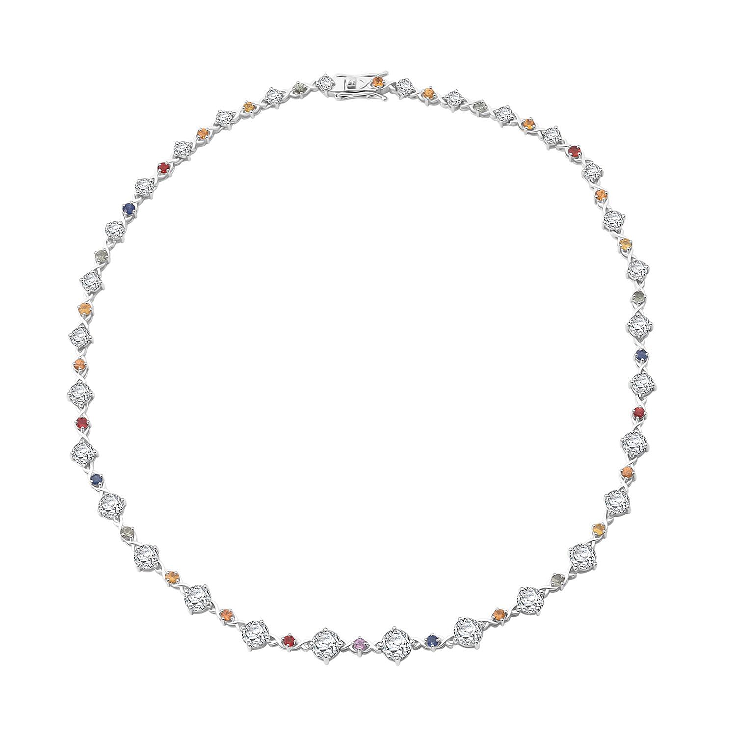 One Time Only Moissanite, Multi Sapphire Necklace (18 Inches) in Rhodium Over Sterling Silver 20.65 ctw