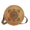 Tan Flower Pattern Genuine Leather Round Embossed Sling Bag with Adjustable Shoulder Strap (10"x3.5") - Sticky add to cart bar